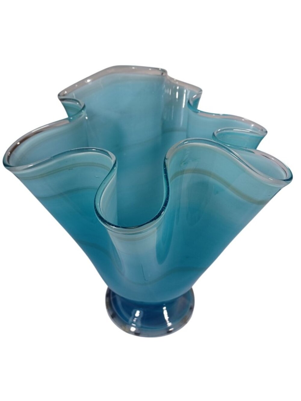Ocean Waves Blue Art Glass Coastal Beachy Vase Murano Mid Century Centerpiece